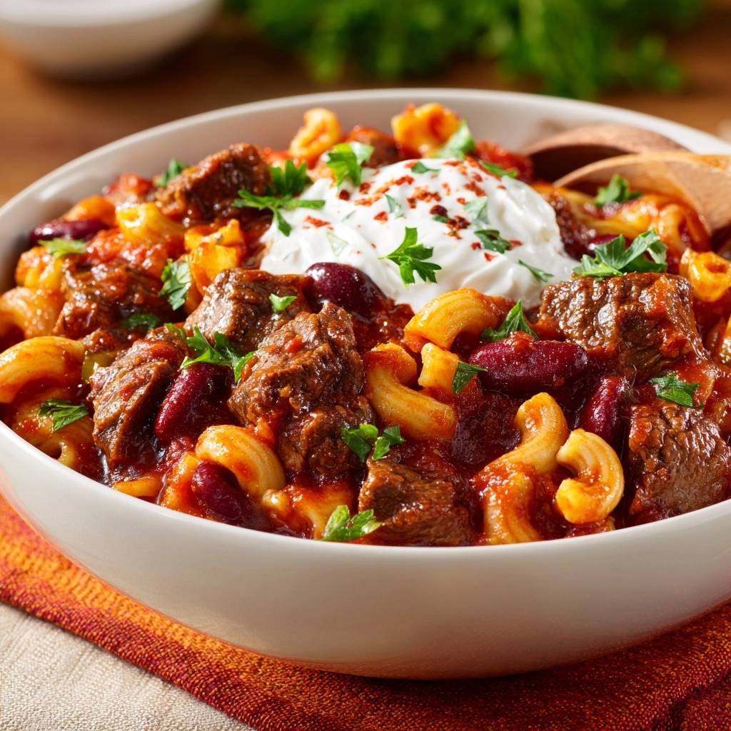 Würziges Rindfleisch-Chili mit Macaroni und Bohnen serviert in einer weißen Schüssel, garniert mit frischer Petersilie und Sauerrahm.