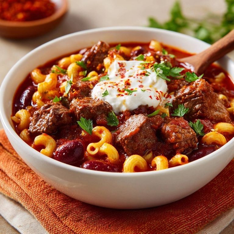 Würziges Rindfleisch-Chili mit Macaroni und Bohnen serviert in einer weißen Schüssel, garniert mit Sauerrahm und frischer Petersilie.