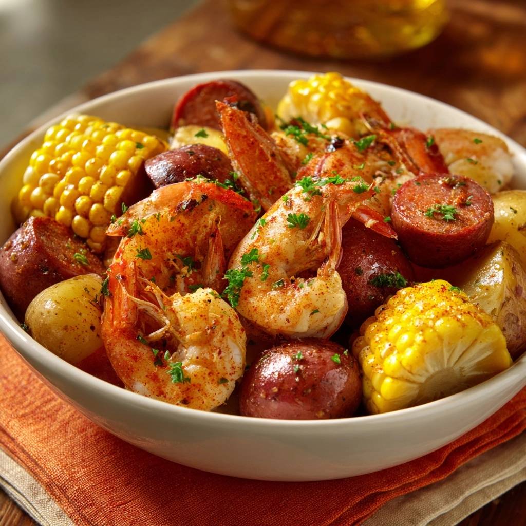 Wurziges Shrimp Und Wurst Boil Aus Der Pfanne Draufsicht 1 Würziges Shrimp & Sausage Boil aus der Pfanne in einer Schüssel, serviert mit Maiskolben, Kartoffeln und Wurst, aus der Vogelperspektive.
