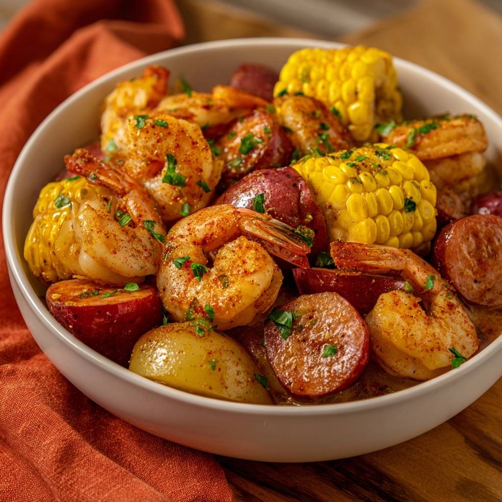 Würziges Shrimp & Sausage Boil aus der Pfanne in einer Schüssel, serviert mit Maiskolben, Kartoffeln und leckeren Garnelen.