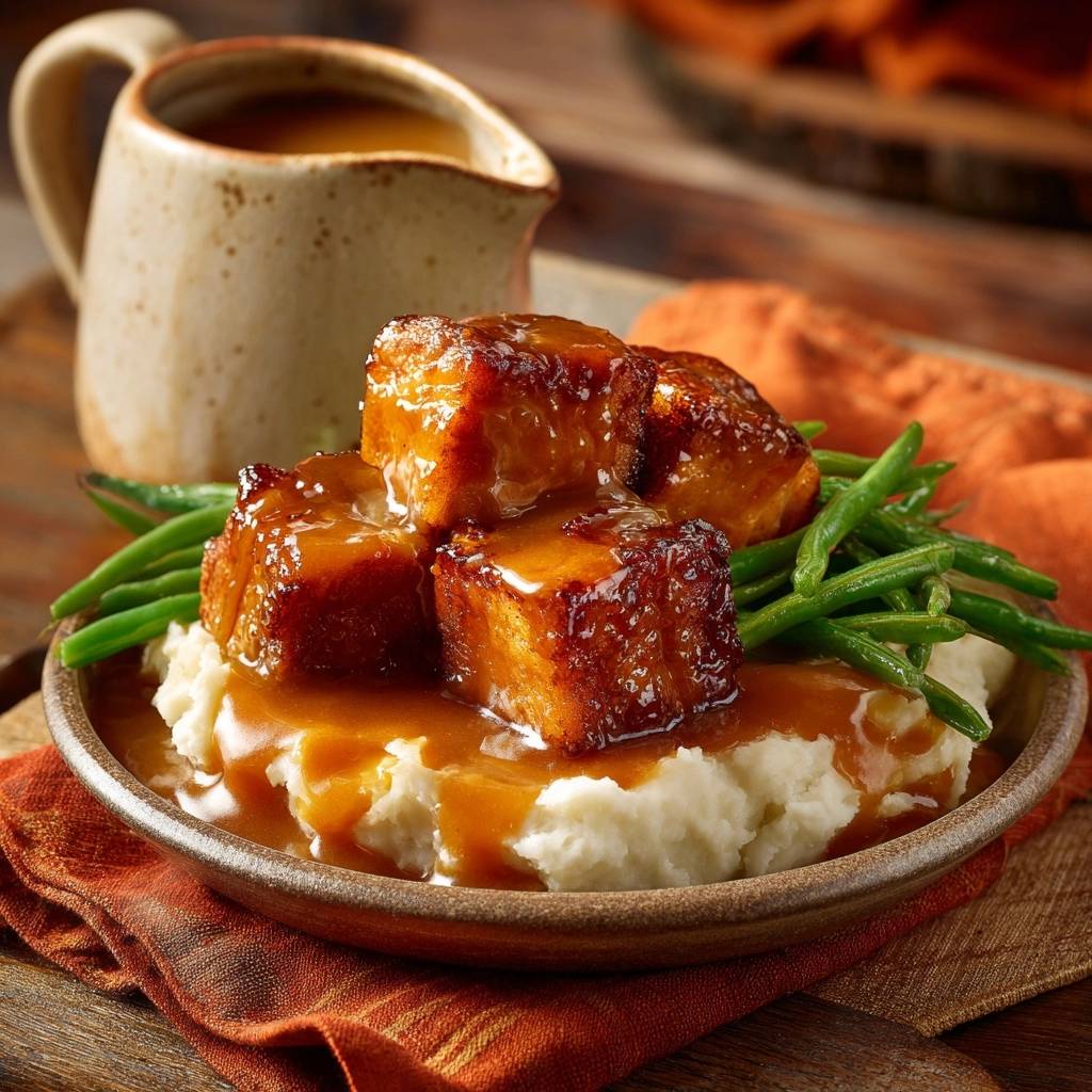 Zarte Rinder-Short-Ribs auf Kartoffelstampf werden serviert und mit köstlicher Sauce überzogen, die auf cremigen Kartoffelstampf gebettet sind.