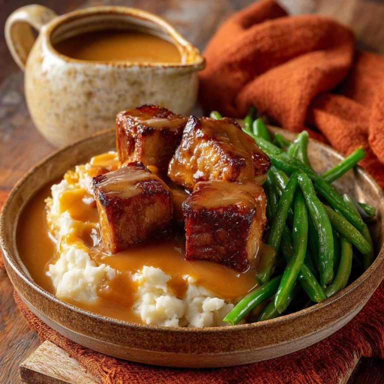 Zarte Rinder-Short-Ribs auf Kartoffelstampf serviert auf einem Teller, mit dampfenden Kartoffeln, Soße und grünen Bohnen.
