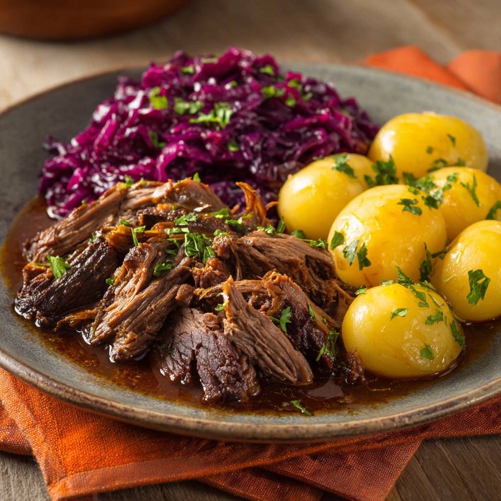 Zartes Rindergulasch Mit Rotkohl Serviert 1 Zartes Rindergulasch mit Rotkohl und Kartoffelklößen serviert auf einem Teller, garniert mit frischer Petersilie und serviert.