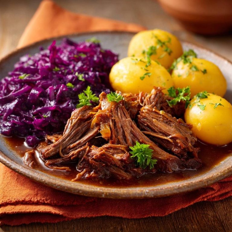 Zartes Rindergulasch mit Rotkohl wird serviert, zusammen mit Kartoffelklößen und frischer Petersilie auf einem rustikalen Teller angerichtet.