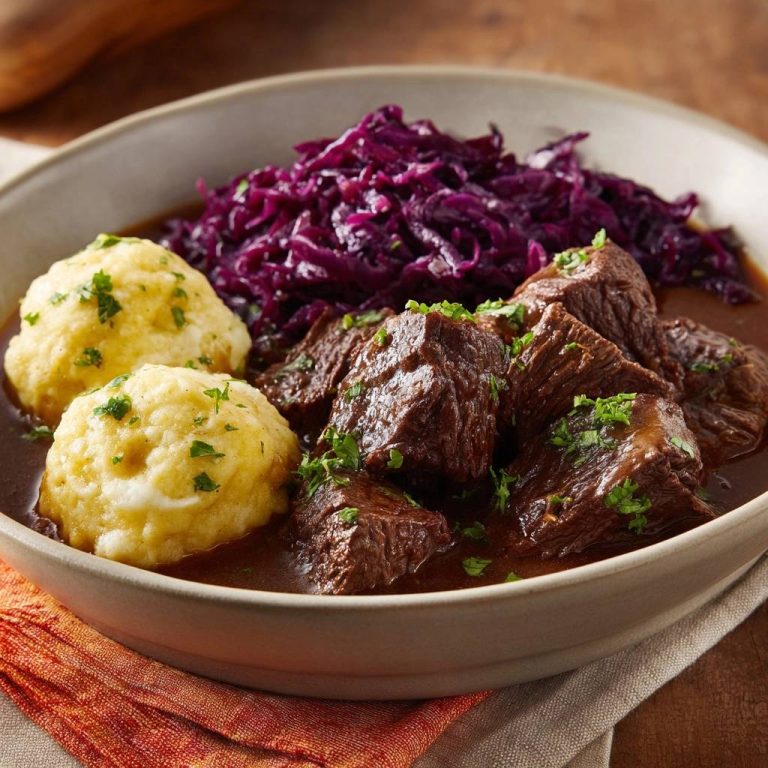 Zartes Rindergulasch mit Rotkohl und Semmelknödeln serviert in einer tiefen Schüssel, garniert mit frischer Petersilie.