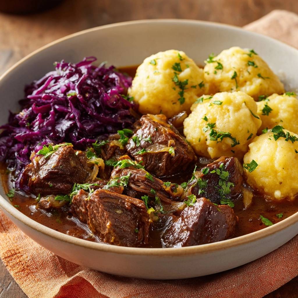 Zartes Rindergulasch Mit Rotkohl Und Semmelknoedeln Serviert 1 Zartes Rindergulasch mit Rotkohl und Semmelknödeln serviert in einer Schüssel, garniert mit frischer Petersilie. Der köstliche Eintopf wird mit Knödeln und Rotkohl serviert.