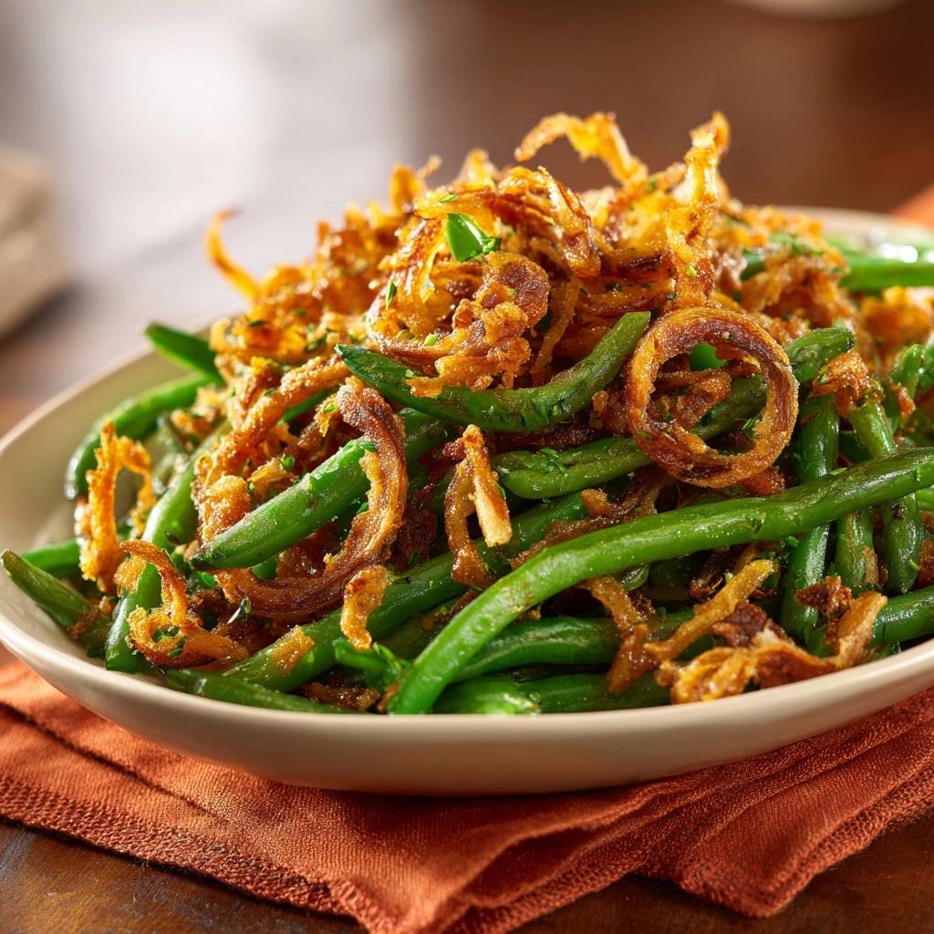 Grüne Bohnen mit knusprigen Zwiebelringen