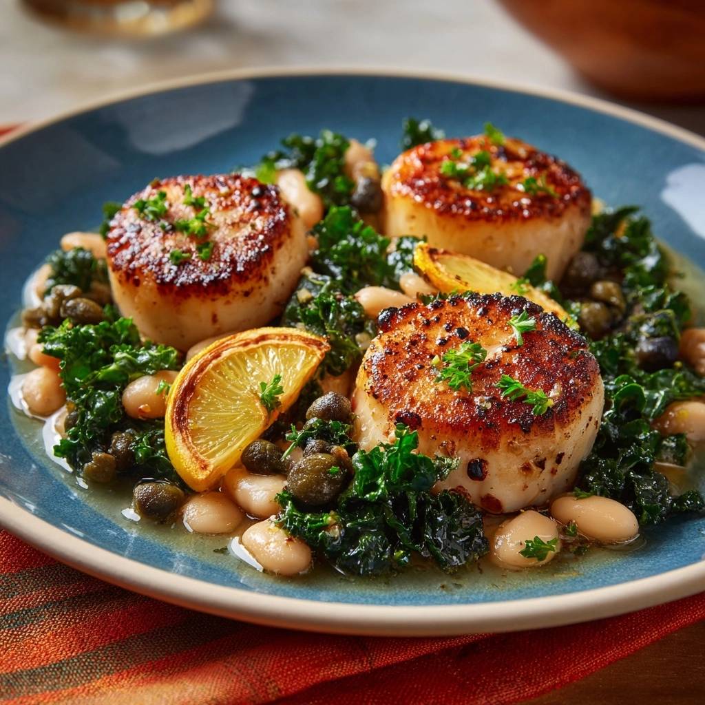 Gebratene Jakobsmuscheln auf Grünkohl und weißen Bohnen