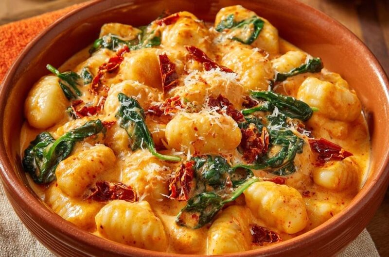 Cremige Gnocchi-Pfanne mit Spinat und getrockneten Tomaten