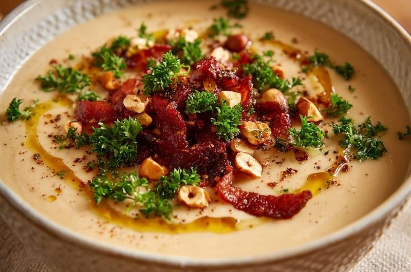 Cremige Pastinaken-Suppe mit Speck und Haselnüssen