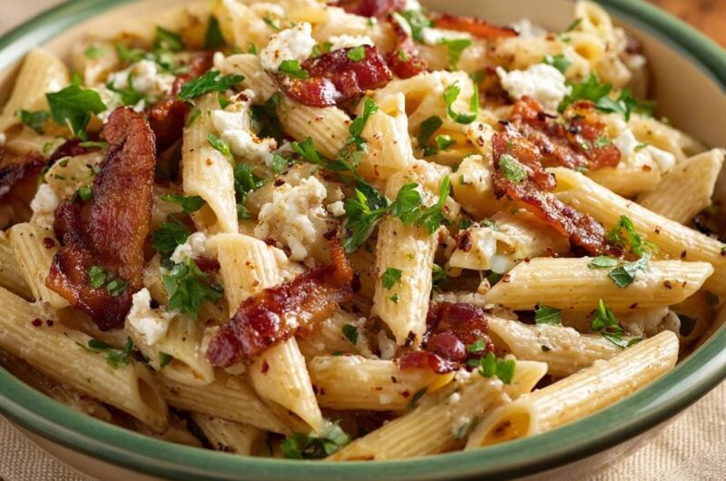 Cremige Penne mit krossem Bacon und Feta