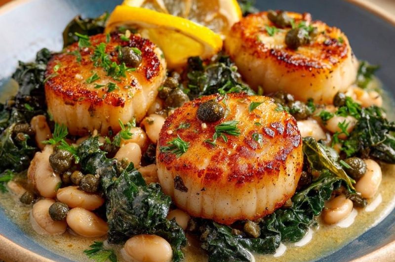 Gebratene Jakobsmuscheln auf Grünkohl und weißen Bohnen