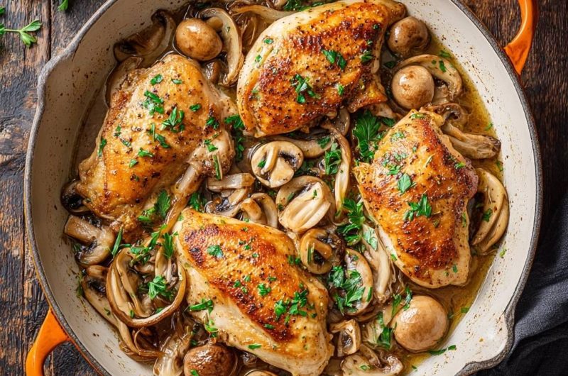 Goldbraune Hähnchenpfanne mit Pilzen