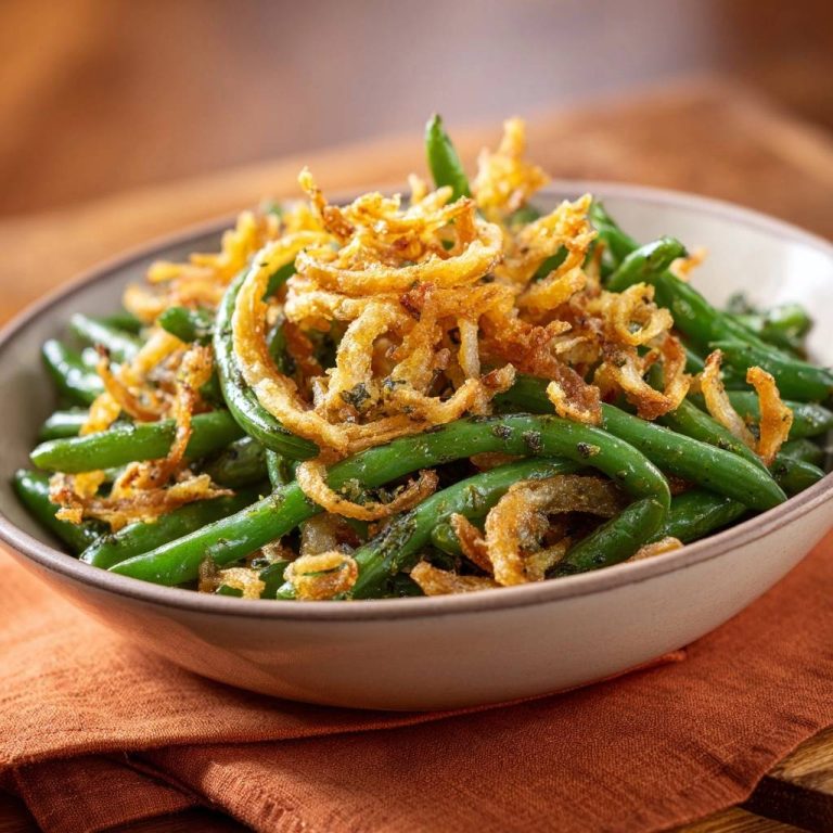 Grüne Bohnen mit knusprigen Zwiebelringen: Das beste Rezept