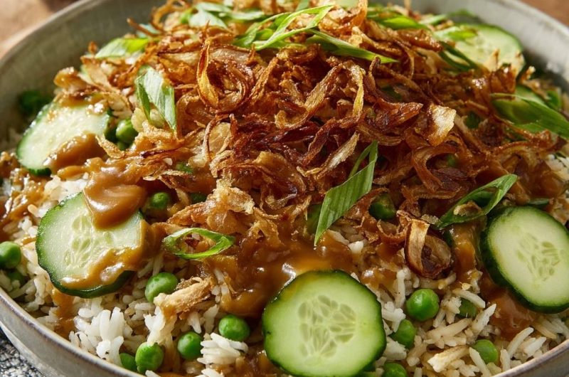 Herzhafte Reispfanne mit Erdnuss-Sauce und Röstzwiebeln