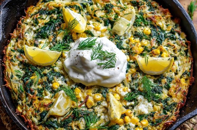 Knusprige Kartoffel-Spinat-Pfanne mit Mais (Der Anti-Matsche-Boden)