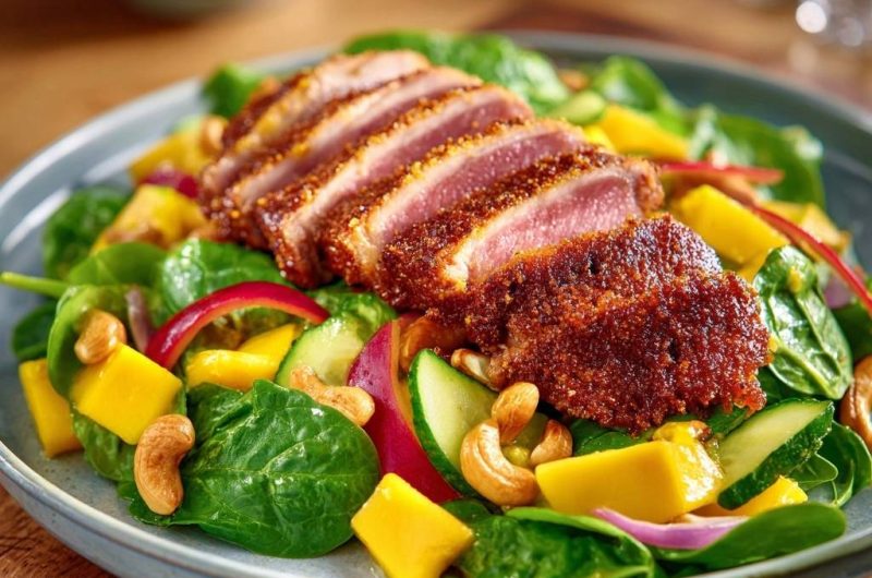Knuspriges Entenbrust-Tataki in Gewürzkruste auf Mango-Spinat-Salat