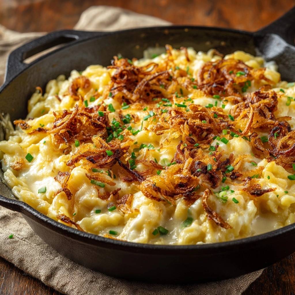 Allgäuer Kässpätzle in einer Eisenpfanne, garniert mit knusprigen Röstzwiebeln und frischem Schnittlauch, serviert von oben.