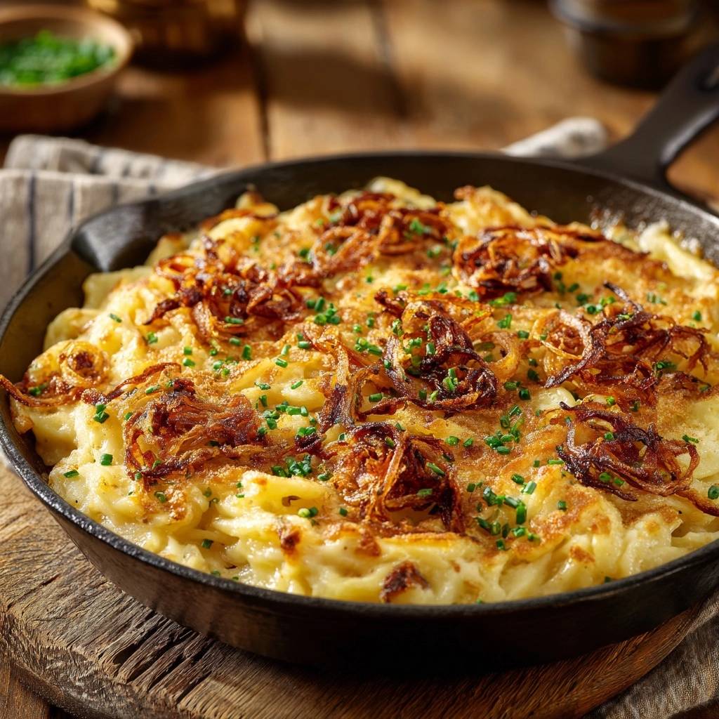 Allgäuer Kässpätzle in einer Eisenpfanne, garniert mit knusprigen Röstzwiebeln und frischem Schnittlauch, präsentiert von oben.