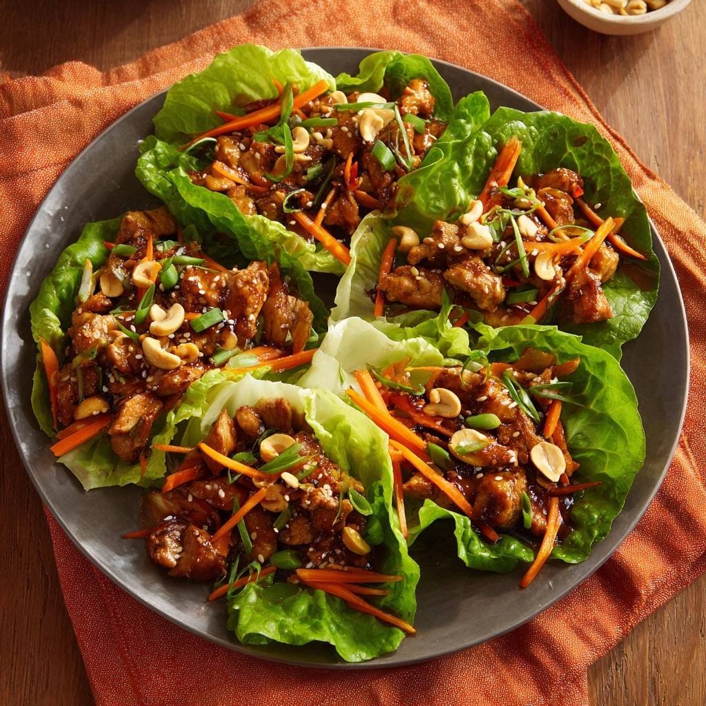 Asiatische Hähnchen Salat-Wraps, serviert auf einem grauen Teller, präsentiert eine appetitliche Draufsicht auf das Gericht mit frischen Zutaten.