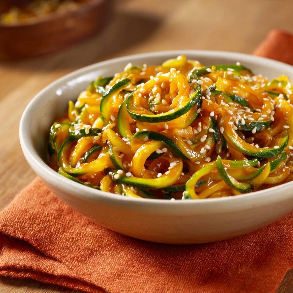 Asiatische Zucchini-Nudeln mit Sesam, draufsicht im Teller serviert, mit Sesam bestreut und in einer köstlichen Sauce.