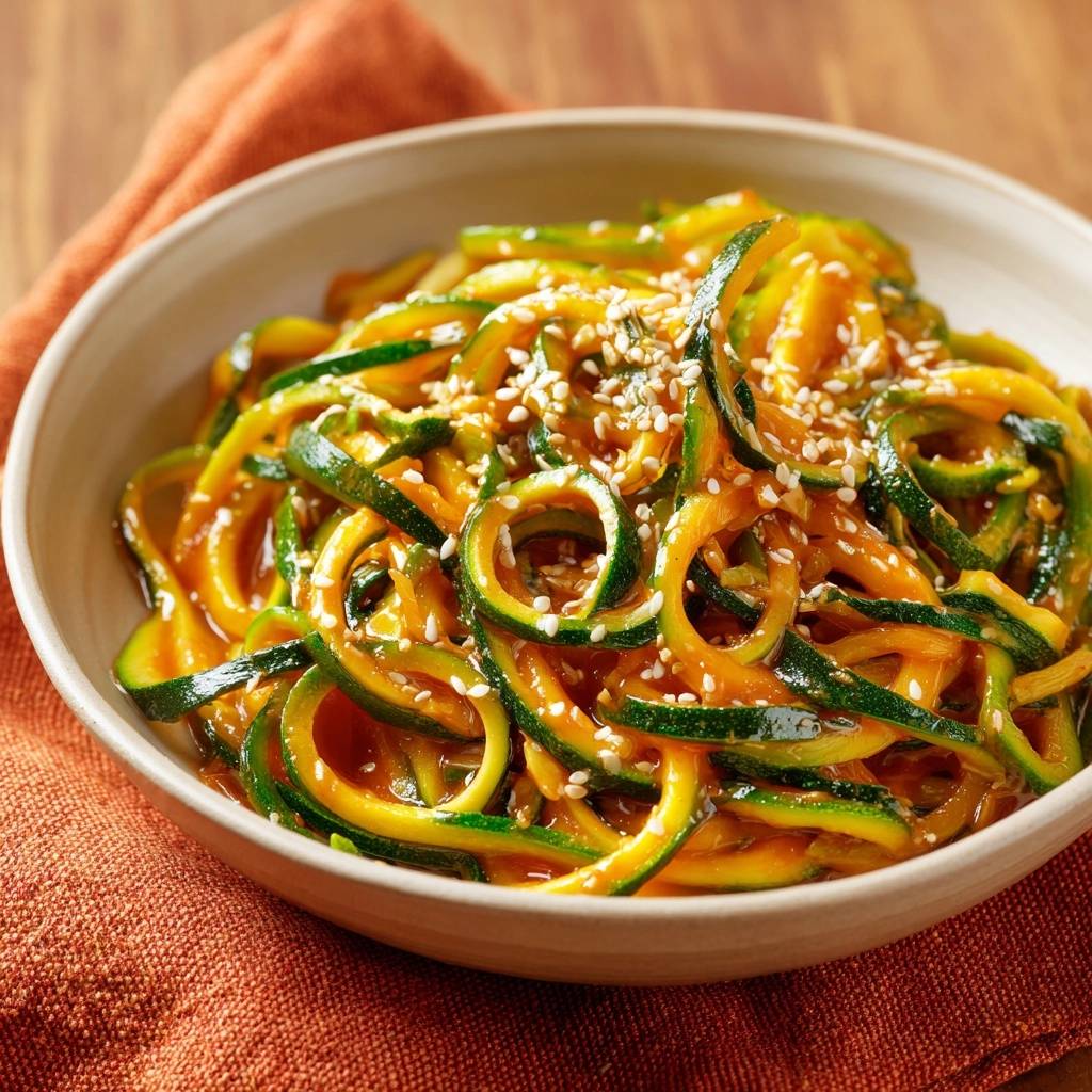 Asiatische Zucchini-Nudeln mit Sesam in einer Schüssel von oben gesehen, mit knackigen Zucchinistreifen und cremiger Sauce.