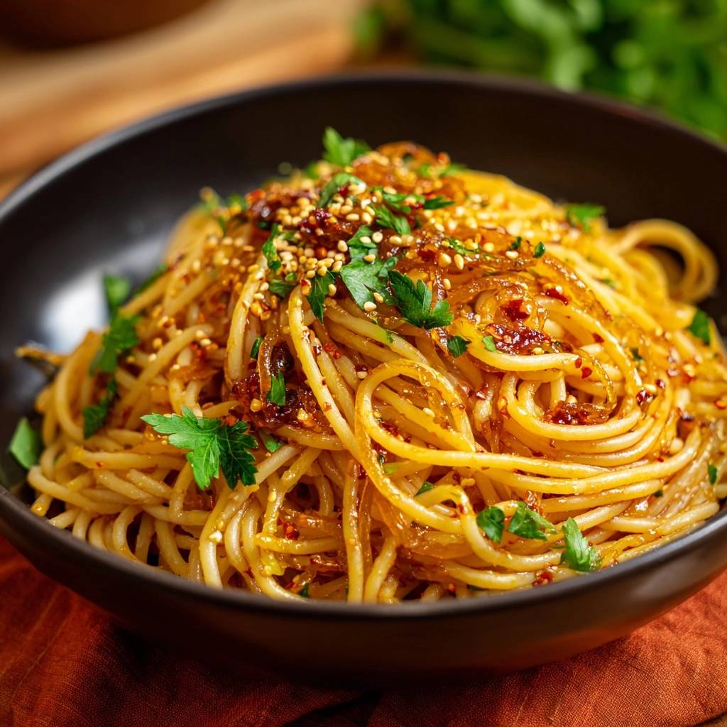 Chili-Knoblauch-Spaghetti, garniert mit frischer Petersilie und Sesam, serviert in einer schwarzen Schüssel. Das 15-Minuten-Gericht ist schnell zubereitet und vollgepackt mit Geschmack.