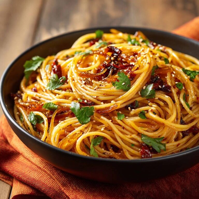 Chili-Knoblauch-Spaghetti mit Sesam in einer schwarzen Schüssel von oben gesehen, garniert mit frischer Petersilie und Sesam.