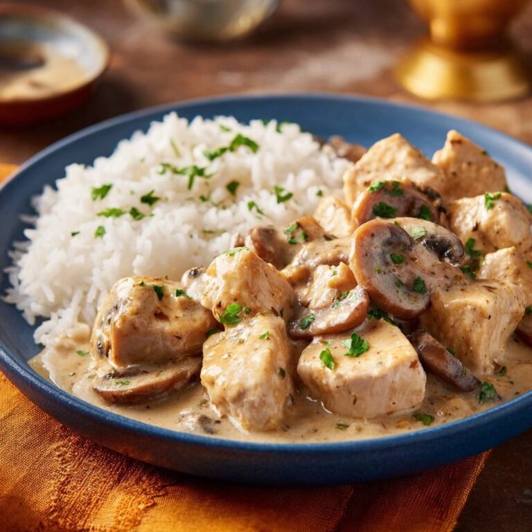 Cremiges Pilz-Rahm-Geschnetzeltes serviert auf einem blauen Teller mit Reis und frischer Petersilie garniert. Ein herzhaftes Gericht zum Genießen.