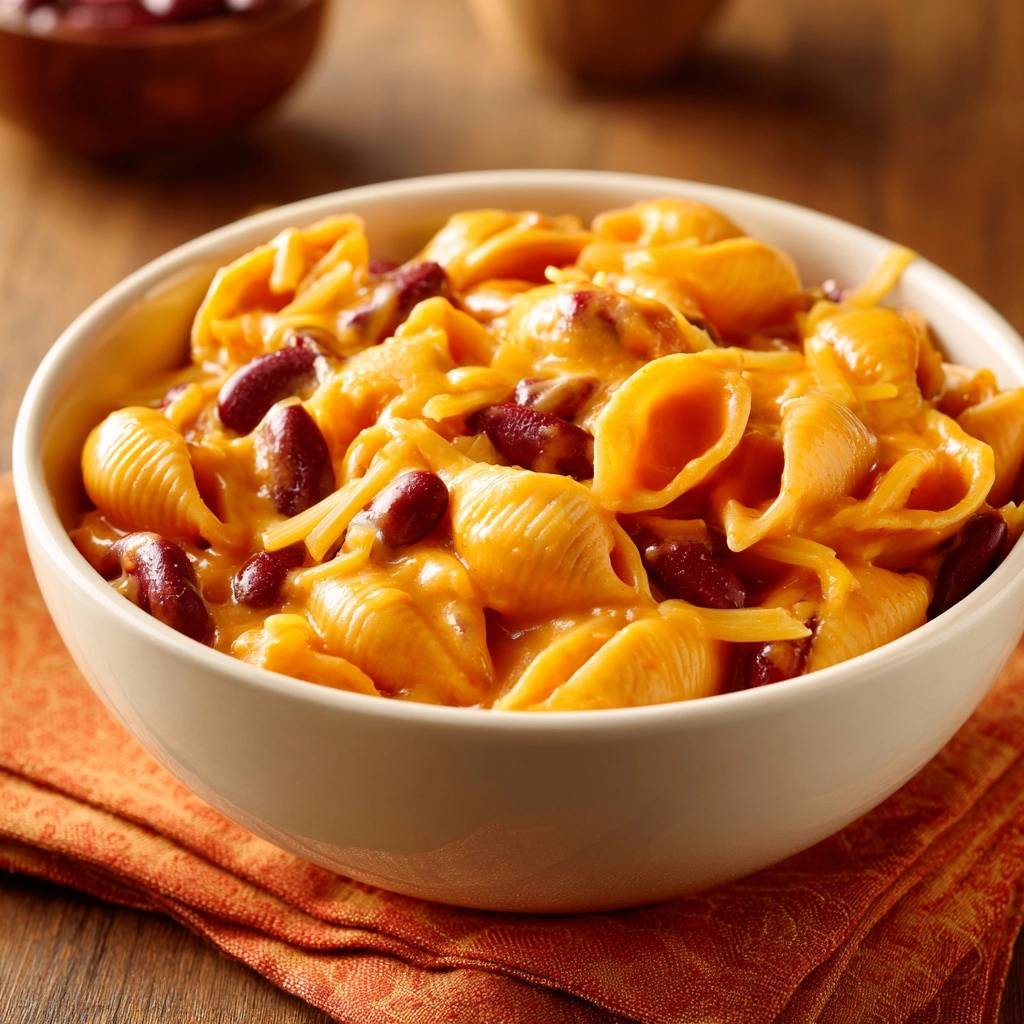 Cremige Chili-Cheese-Pasta in einer Schüssel aus nächster Nähe, mit cremiger Käsesoße und Kidneybohnen. Diese Nahaufnahme zeigt die Textur.