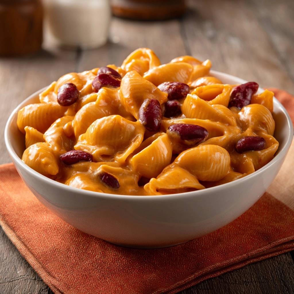 Cremige Chili-Cheese-Pasta serviert in einer weißen Schüssel, garniert mit Kidneybohnen, angerichtet auf einem orangefarbenen Tischtuch.