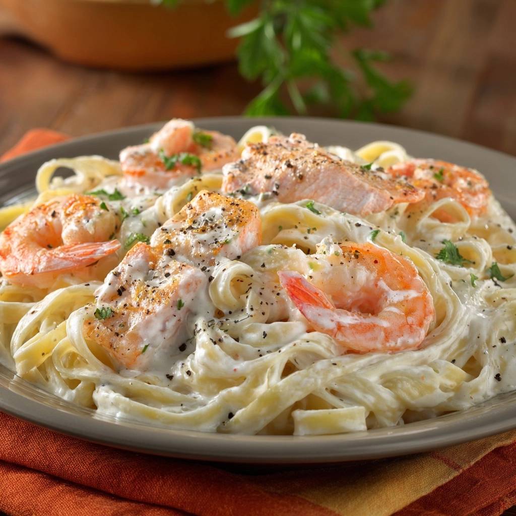 Cremige Garnelen-Lachs-Fettuccine mit einer Nahaufnahme des cremigen Tellers, der mit Garnelen und Lachs garniert ist.