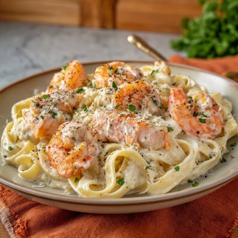 Cremige Garnelen-Lachs-Fettuccine serviert auf einem Teller, garniert mit frischer Petersilie und geriebenem Käse. Die cremige Sauce umschliesst die Pasta.