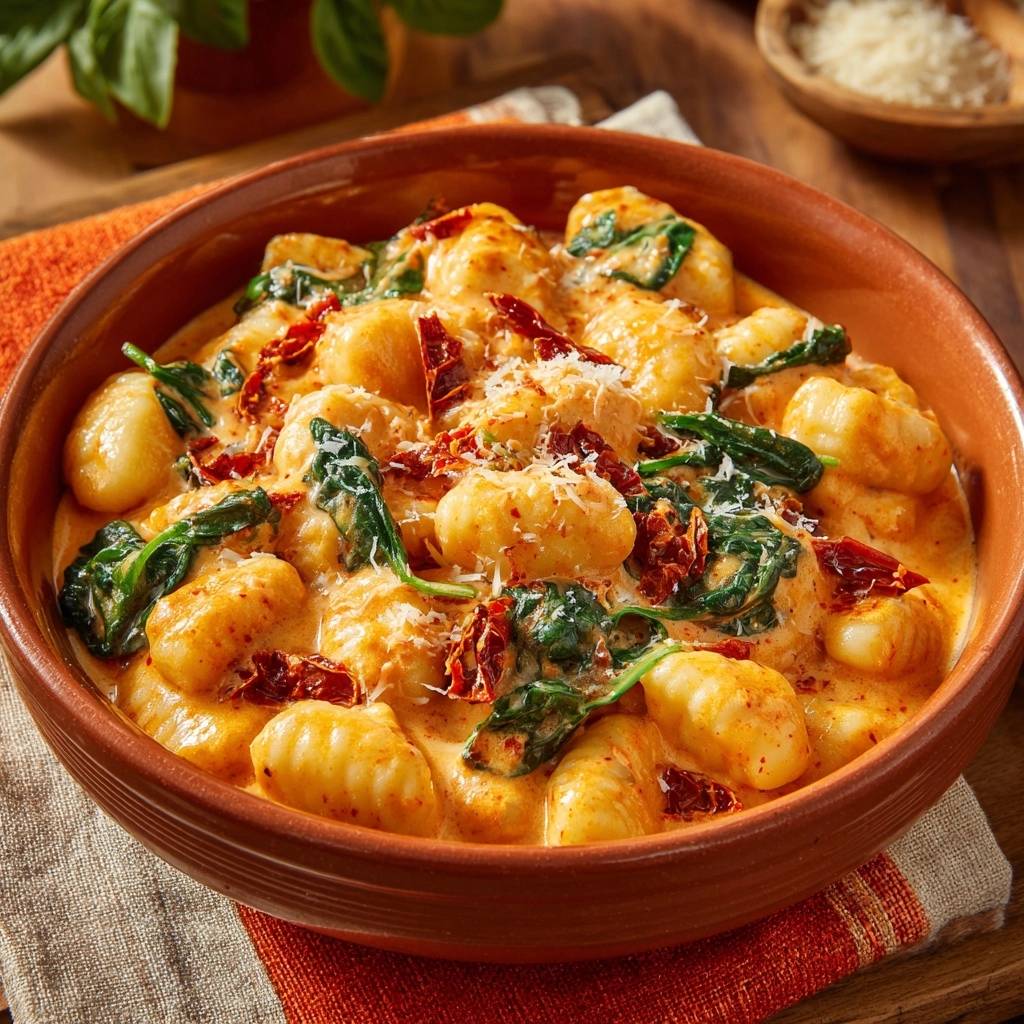 Cremige Gnocchi-Pfanne mit Spinat, serviert in einer rustikalen Schüssel, garniert mit sonnengetrockneten Tomaten und Parmesan, von oben betrachtet.