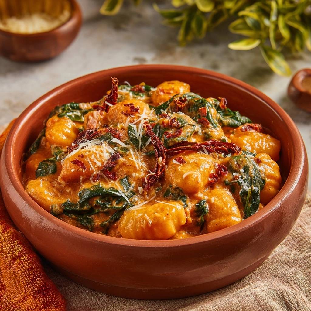 Cremige Gnocchi-Pfanne mit Spinat und Tomaten, serviert in einer rustikalen Schüssel, mit frischem Spinat und sonnengetrockneten Tomaten garniert.