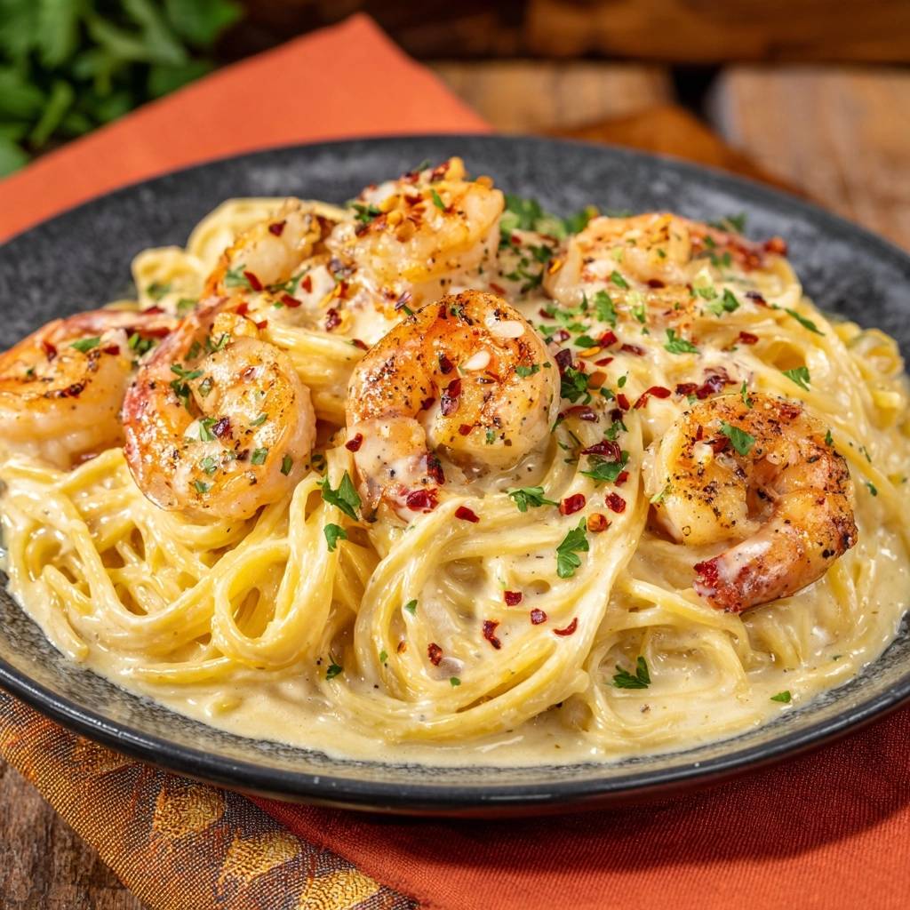 Cremige Knoblauch-Garnelen-Pasta, serviert auf einem schwarzen Teller, garniert mit frischer Petersilie und Chili-Flocken, von oben betrachtet.
