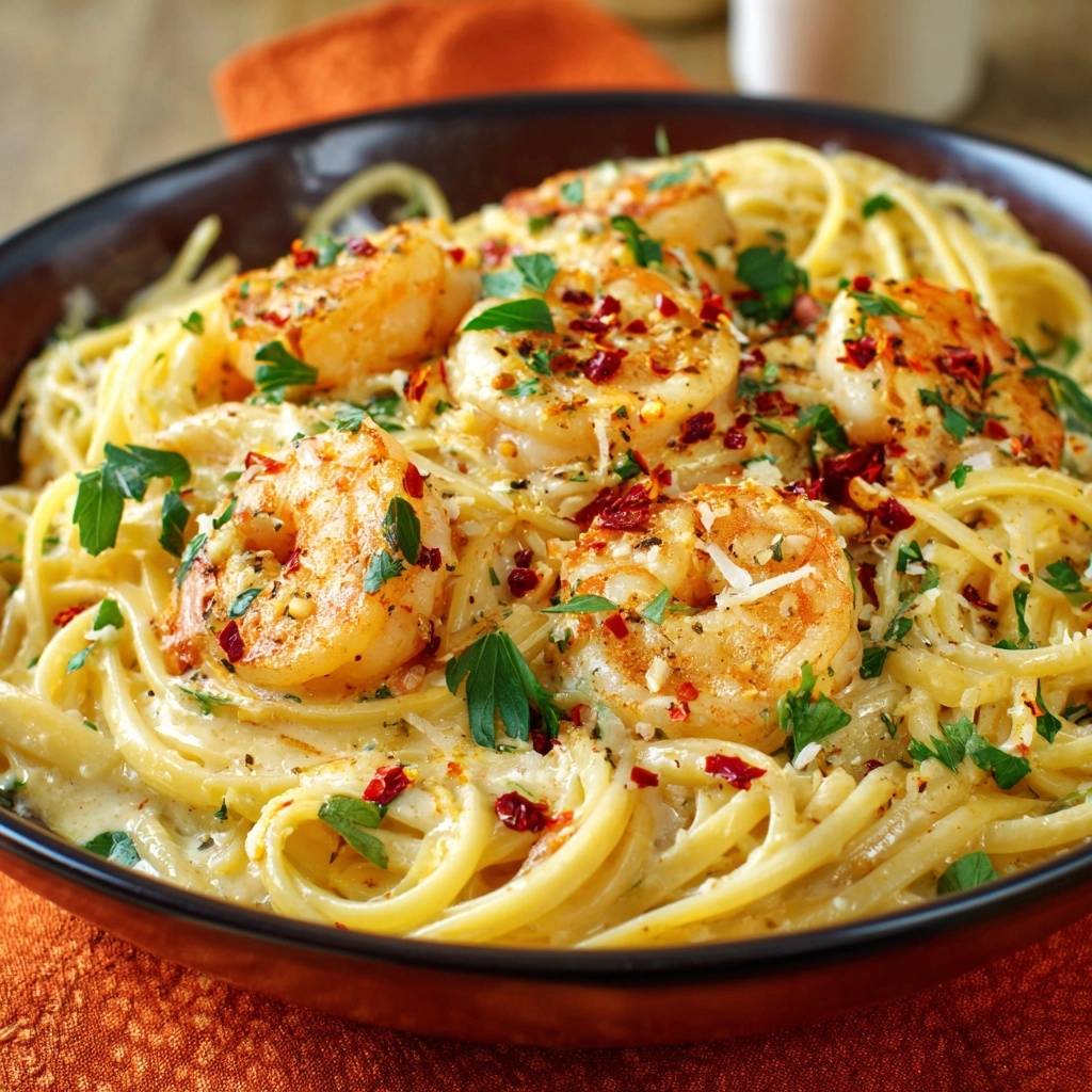 Cremige Knoblauch-Garnelen-Pasta in Nahaufnahme: Die köstlichen Garnelen und die cremige Sauce bilden ein verführerisches Gericht.