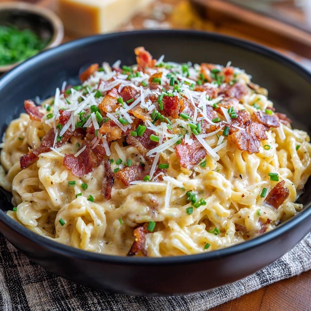 Cremige Pasta Carbonara Style, serviert in einer tiefen schwarzen Schüssel, garniert mit knusprigem Speck, frisch geriebenem Käse und Schnittlauch.