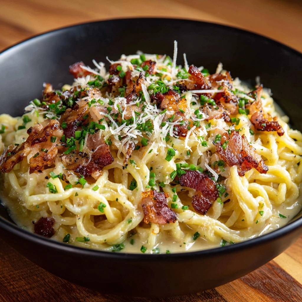 Cremige Pasta Carbonara Style in einer schwarzen Schüssel serviert, mit knusprigem Speck, frisch geschnittenem Schnittlauch und geriebenem Käse garniert.