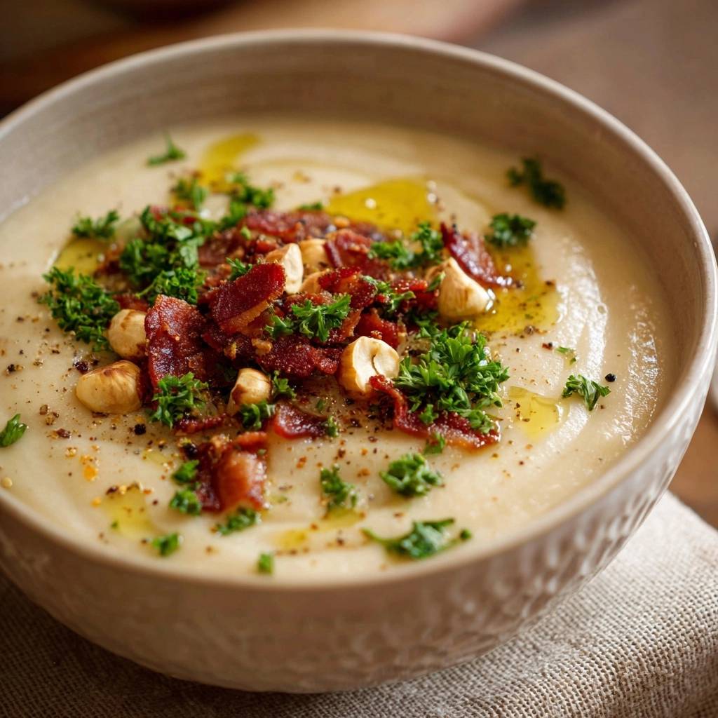 Cremige Pastinaken Suppe Mit Speck Draufsicht Serviert 1 Cremige Pastinaken-Suppe mit Speck, serviert in einer Schüssel, garniert mit knusprigem Speck, Haselnüssen und frischer Petersilie.