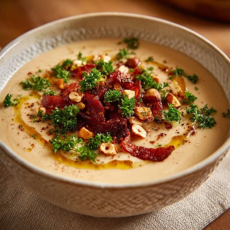 Cremige Pastinaken-Suppe mit Speck und Haselnüssen in einer rustikalen Schüssel, von oben betrachtet, mit knusprigem Speck und frischer Petersilie garniert.