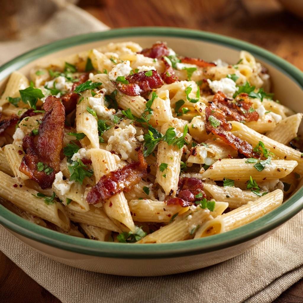 Cremige Penne mit krossem Bacon und Feta in Nahaufnahme, garniert mit frischer Petersilie, serviert in einer rustikalen Schüssel.