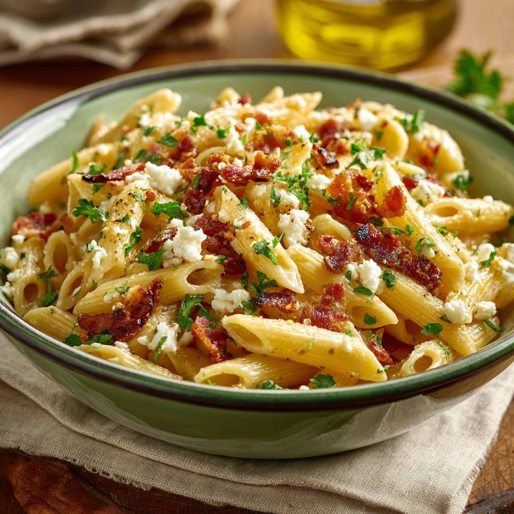 Cremige Penne mit krossem Bacon und Feta in einer Schüssel aus der Vogelperspektive. Die Pasta ist mit Speck und Feta belegt.