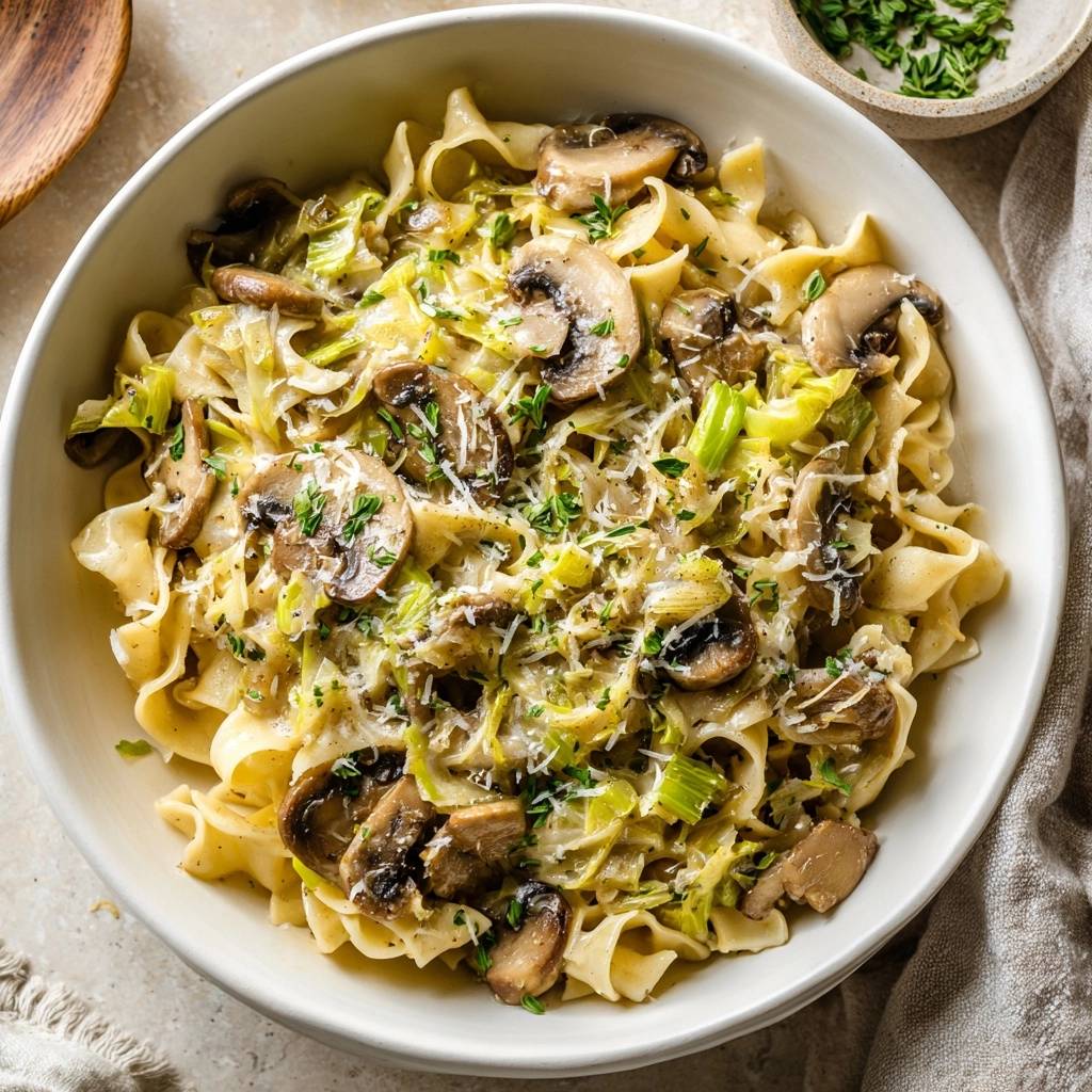 Cremige Pilz-Lauch-Pasta in einer Schüssel, serviert mit frischen Kräutern und geriebenem Käse, von oben betrachtet.