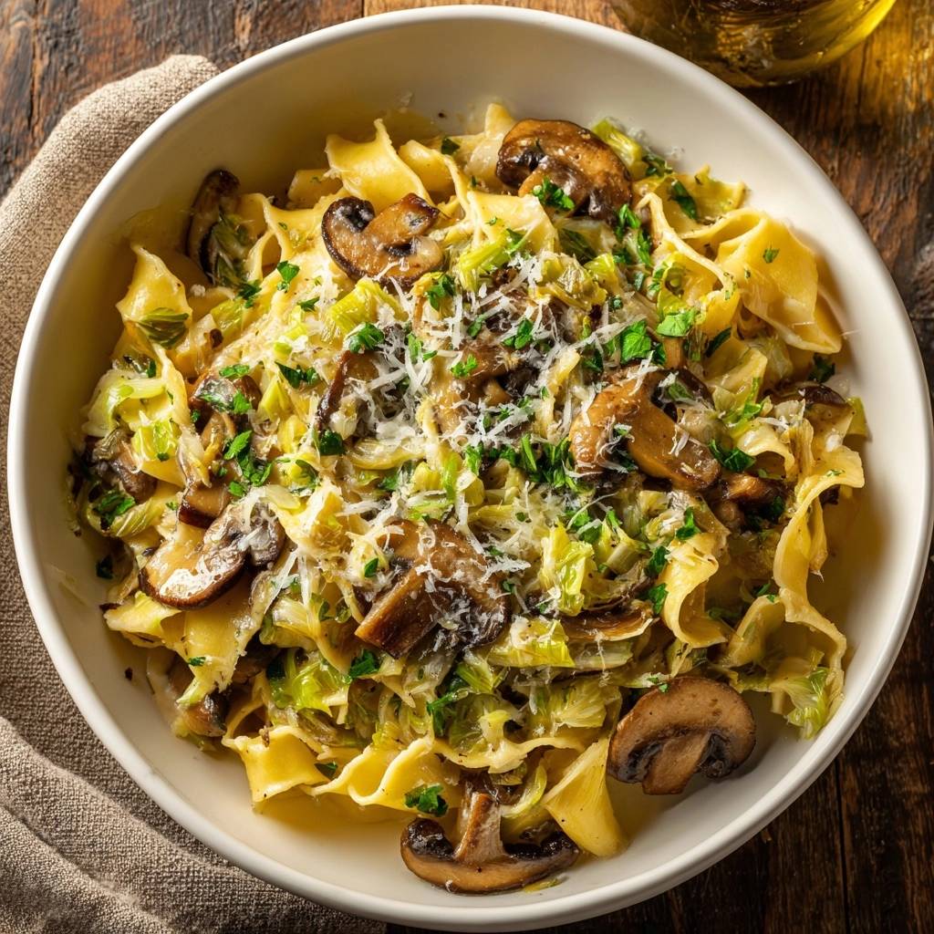 Cremige Pilz-Lauch-Pasta in einer weißen Schüssel, serviert und von oben fotografiert, mit frischen Kräutern und geriebenem Käse garniert.