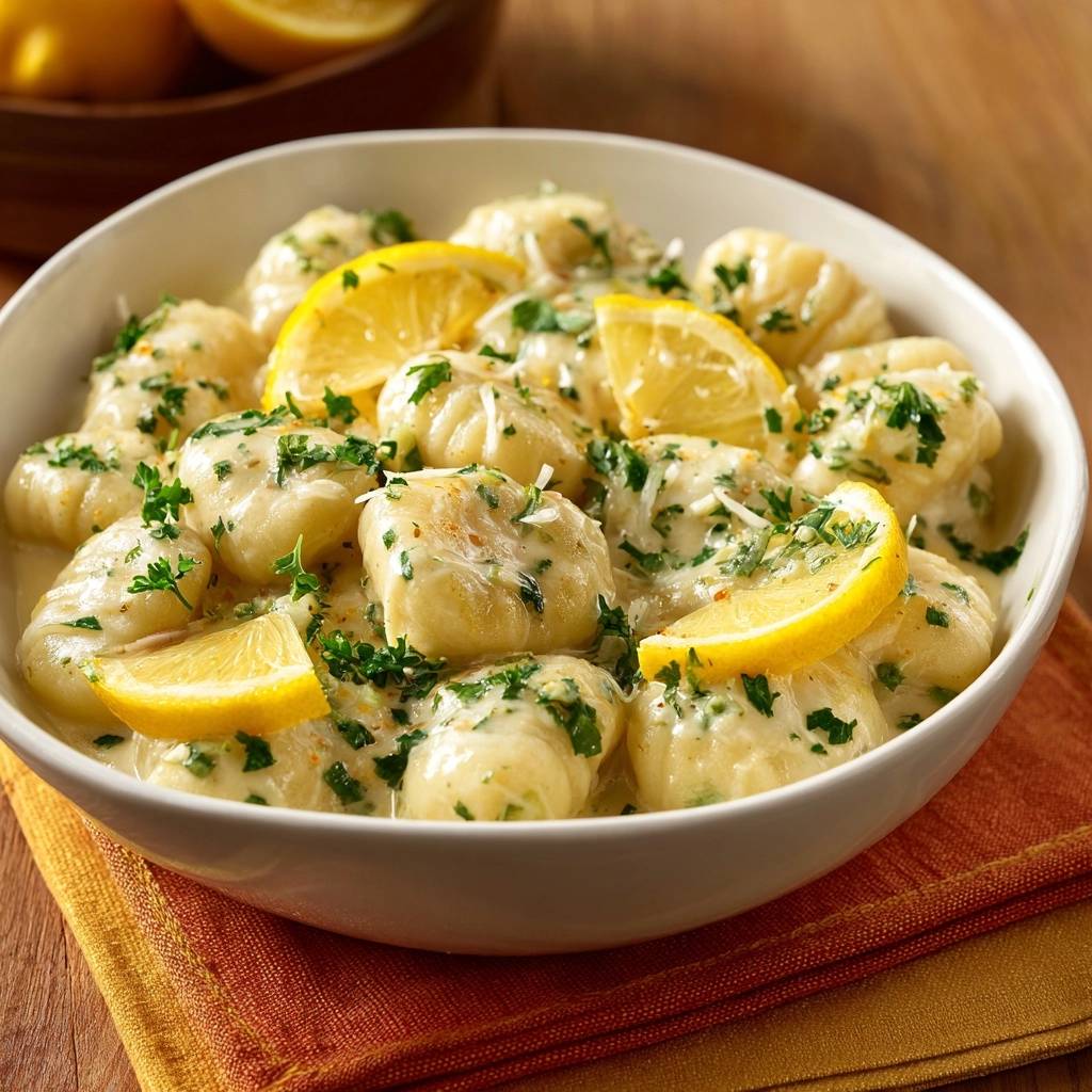 Cremige Zitronen Gnocchi Mit Zitronenscheiben Draufsicht 1 Cremige Zitronen-Gnocchi, serviert in einer Schüssel, garniert mit frischen Zitronenscheiben und Kräutern, von oben gesehen.