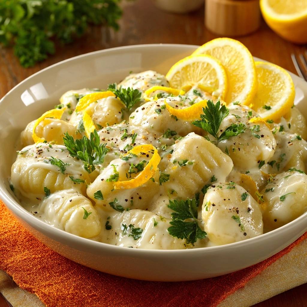 Cremige Zitronen-Gnocchi serviert in einer cremigen Soße, garniert mit Zitronenzesten und frischer Petersilie in einer Schüssel.