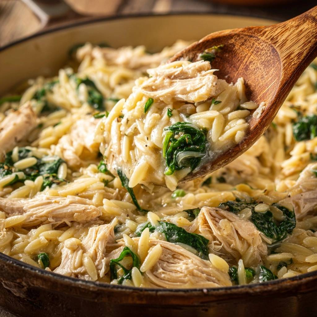 Cremige Zitronen-Hähnchen-Orzo in einer Nahaufnahme, serviert mit einem Holzlöffel, der die cremige Textur zeigt.