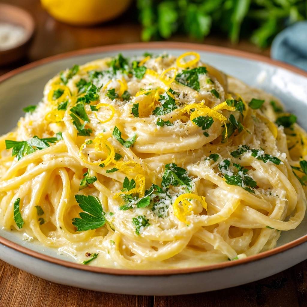 Cremige Zitronen Linguine Garniert 1 Cremige Zitronen-Linguine garniert mit frischer Petersilie und Zitronenzesten, serviert auf einem Teller.