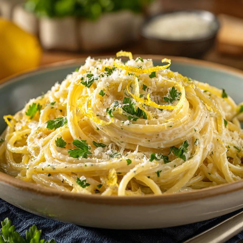 Cremige Zitronen-Linguine, serviert in einer Schüssel. Nahaufnahme zeigt die Pasta mit Zitrone und frischer Petersilie garniert.